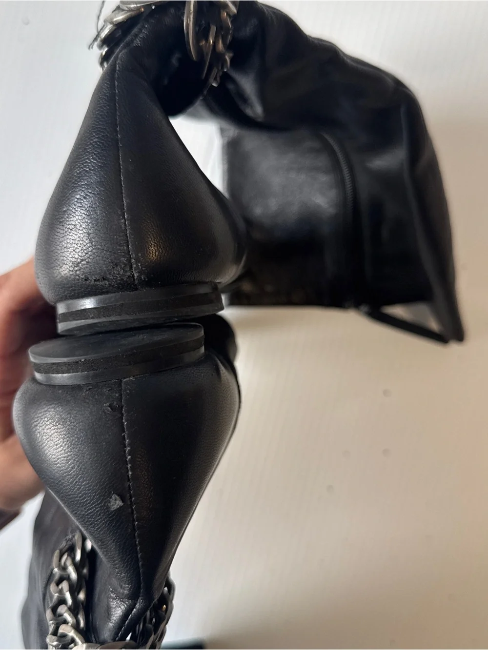 Calvin Klein Martha Black Leather Knee High Boots Chain Detail Riding Size 8M